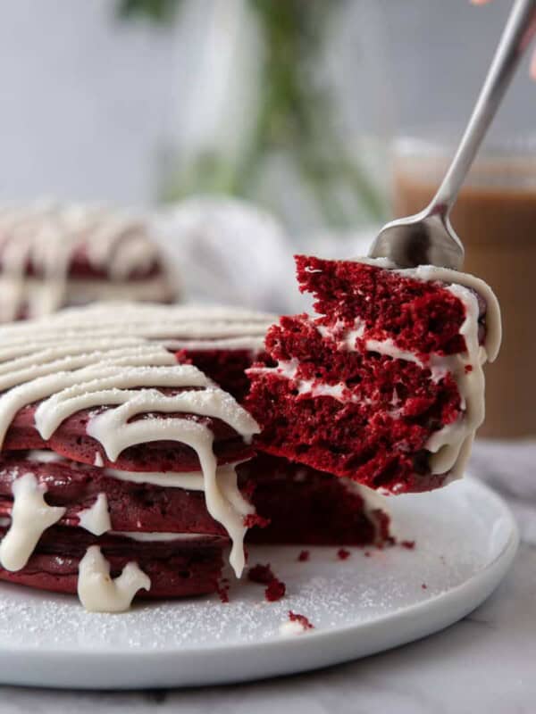 a stack of Red Velvet Pancakes Recipe on a plate