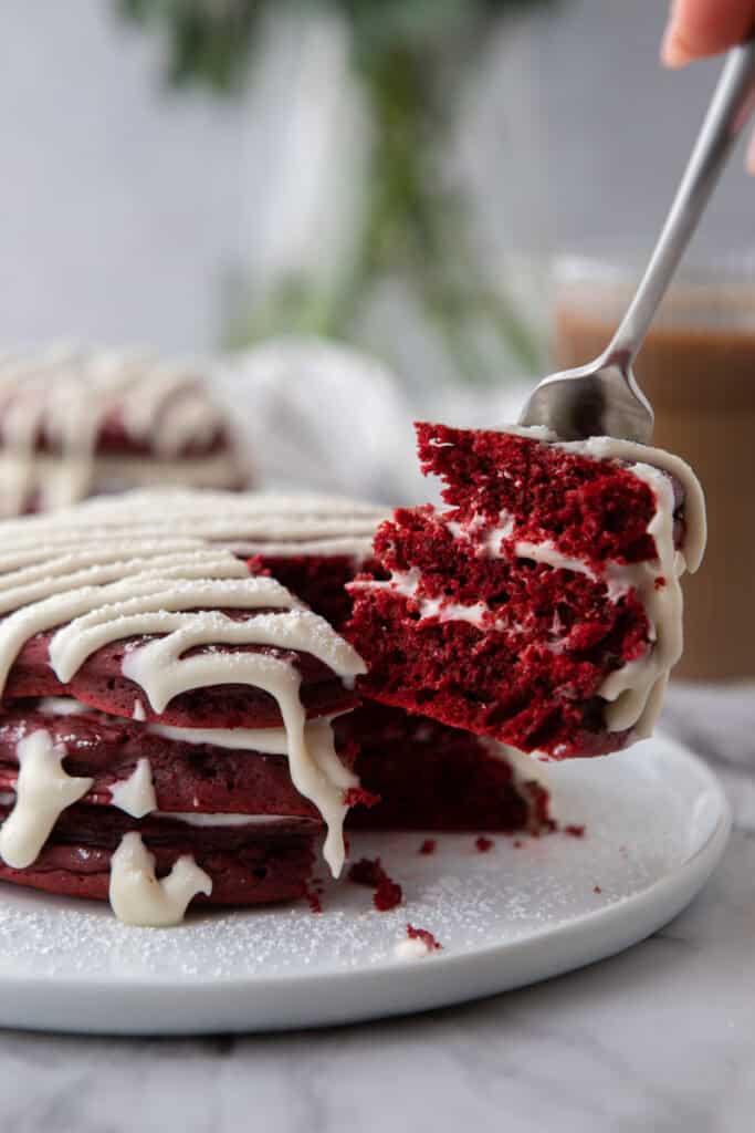 a stack of Red Velvet Pancakes Recipe on a plate