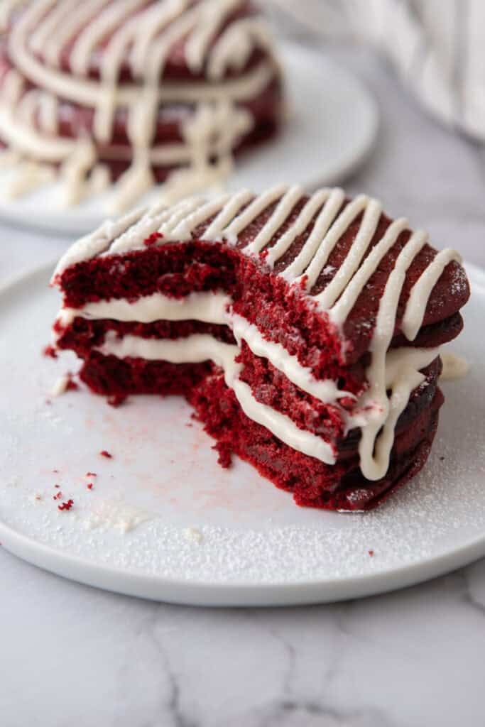 a stack of Red Velvet Pancakes Recipe on a plate