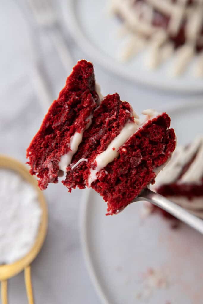 Red Velvet Pancakes Recipe on a fork