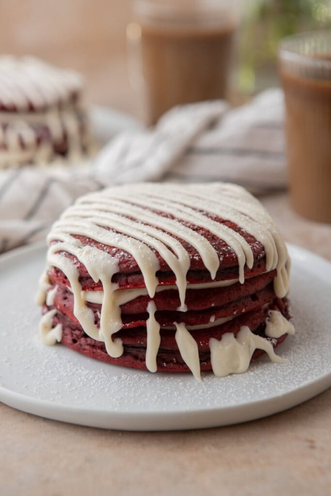 a stack of Red Velvet Pancakes Recipe on a plate