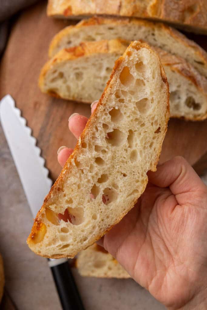 Small Batch Sourdough Bread Recipe slice being held up by a hand