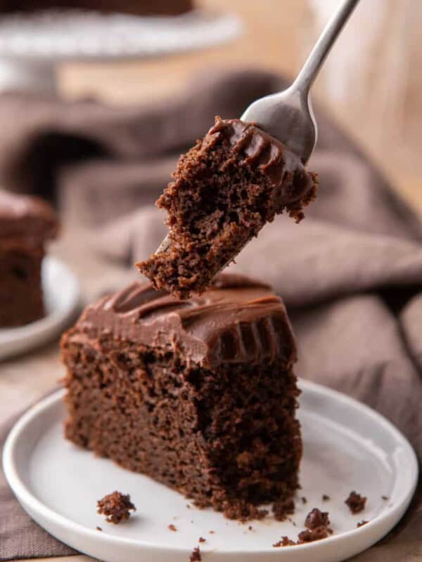 Sourdough Discard Chocolate Cake with a piece taken out with a fork