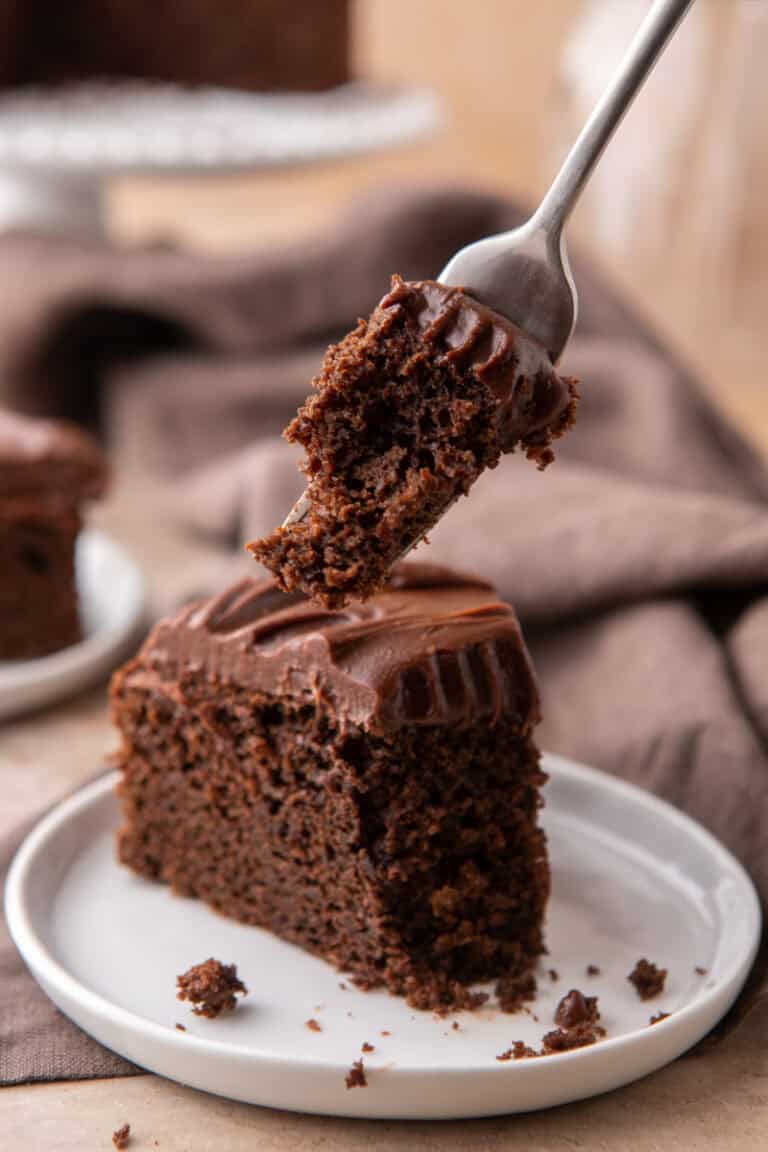 Sourdough Discard Chocolate Cake with a piece taken out with a fork