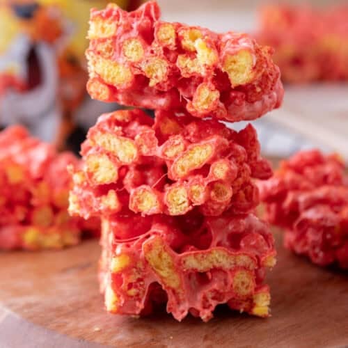 Hot Cheetos Marshmallow Crispy Treats recipe stacked on each other