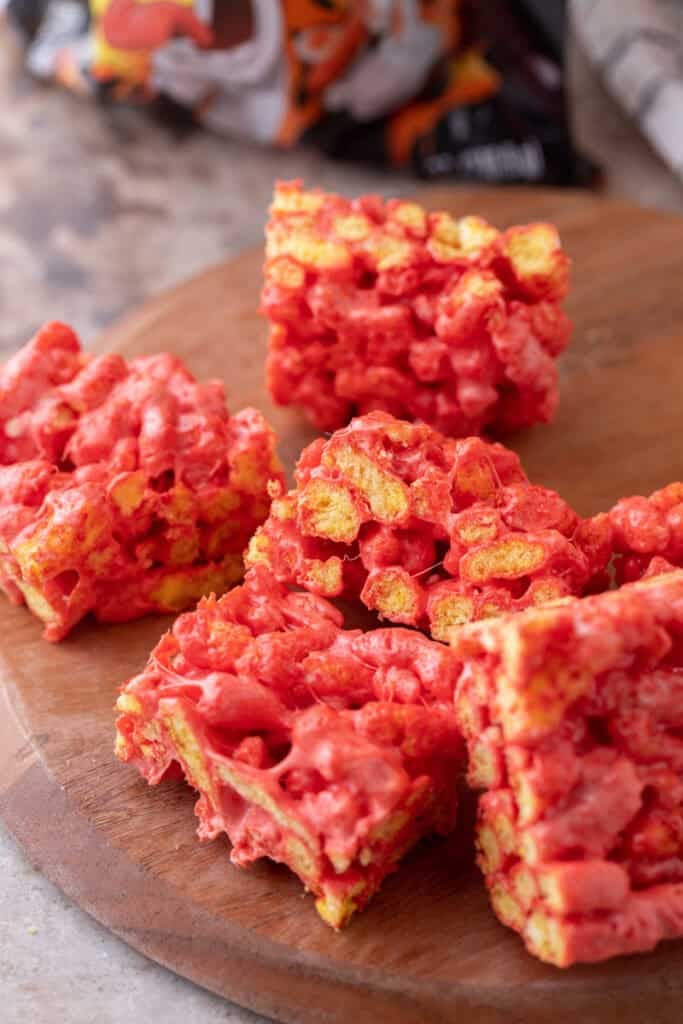 Hot Cheetos Marshmallow Crispy Treats recipe overhead shot