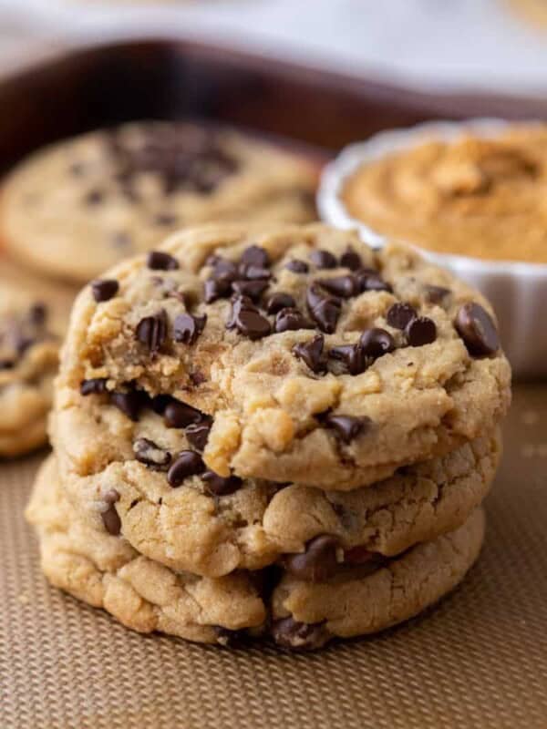 Peanut Butter Chocolate Chip Cookies stacked on each other