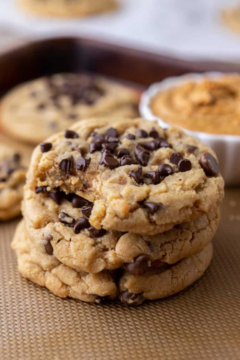 Peanut Butter Chocolate Chip Cookies stacked on each other