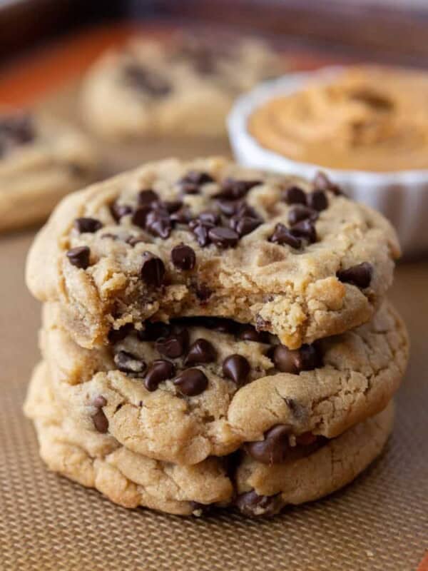 Peanut Butter Chocolate Chip Cookies stacked on top of each other