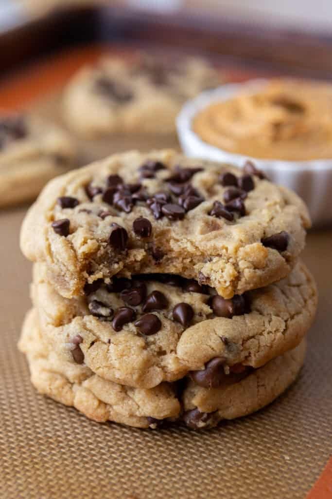 Peanut Butter Chocolate Chip Cookies stacked on top of each other