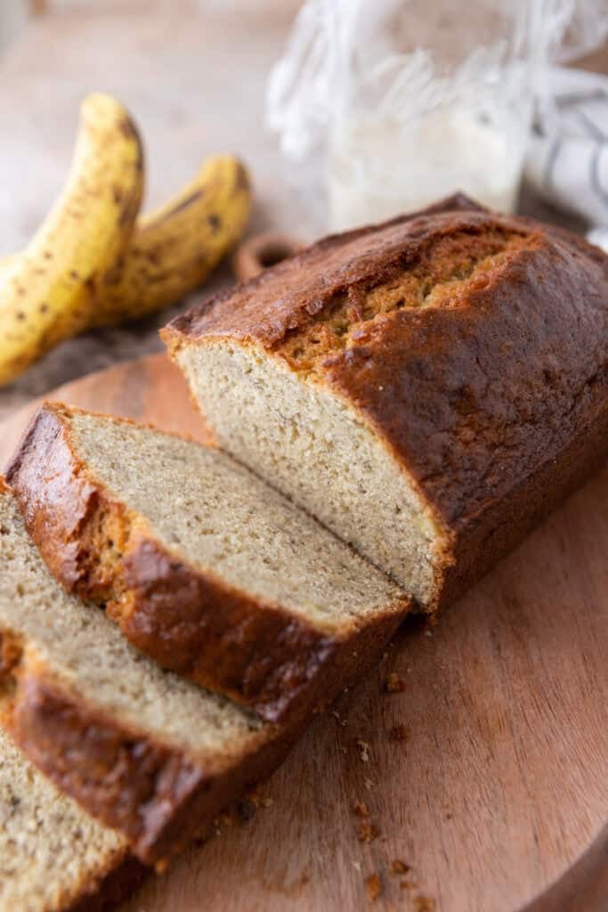 sourdough discard banana bread sliced up