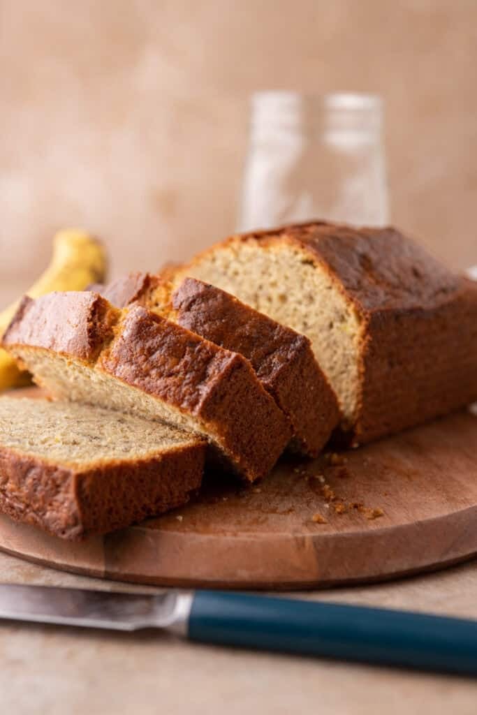 sourdough discard banana bread sliced up