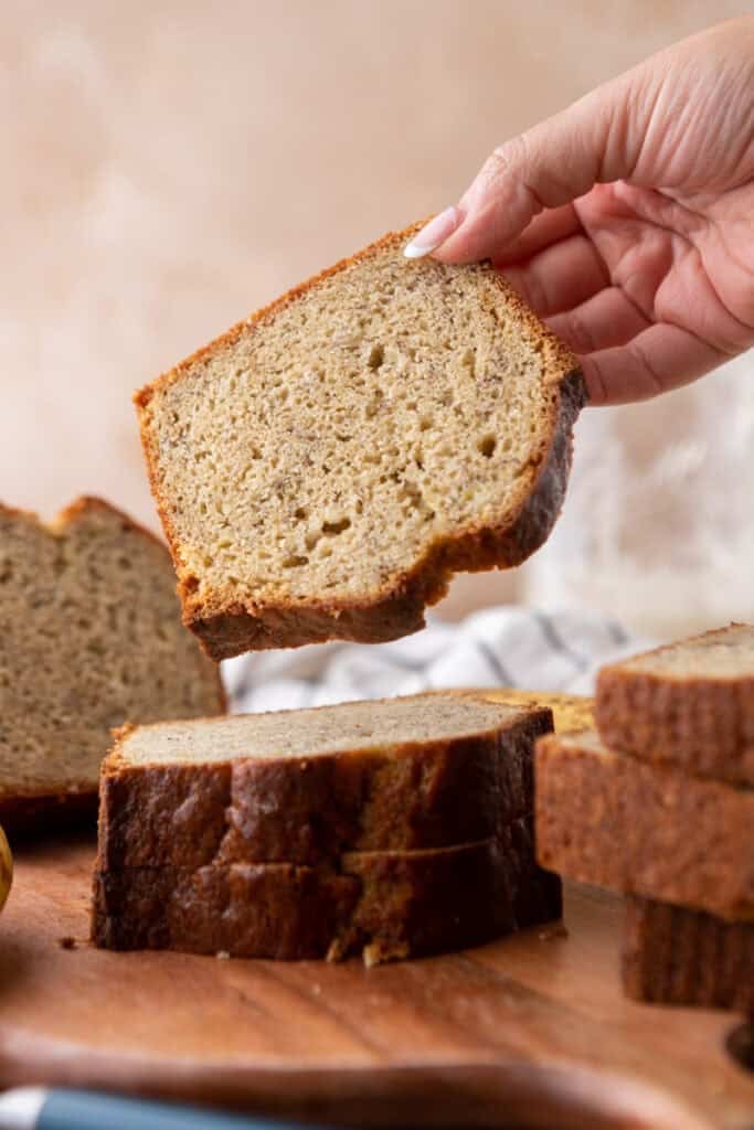 sourdough discard banana bread sliced up