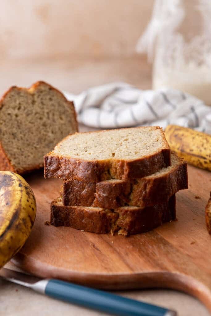 sourdough discard banana bread slices stacked