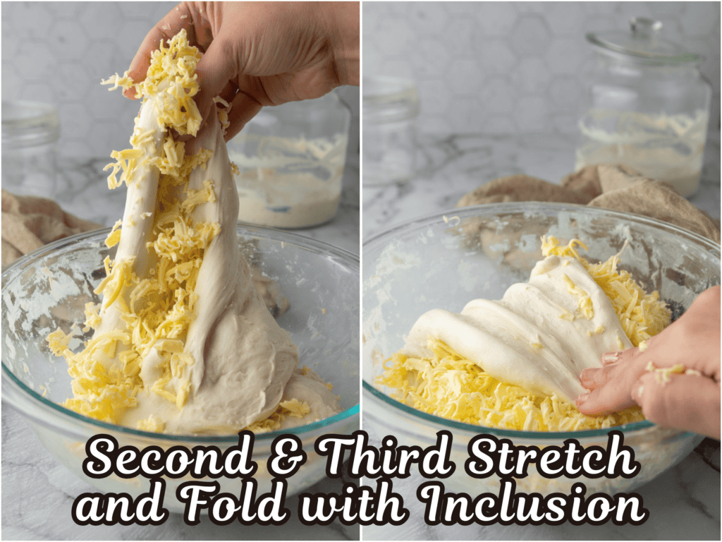 dough being stretched and folded with butter