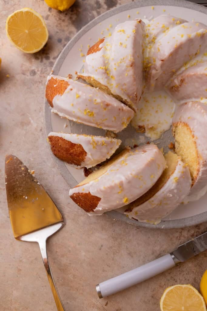 slices of the lemon bundt cake recipe overhead