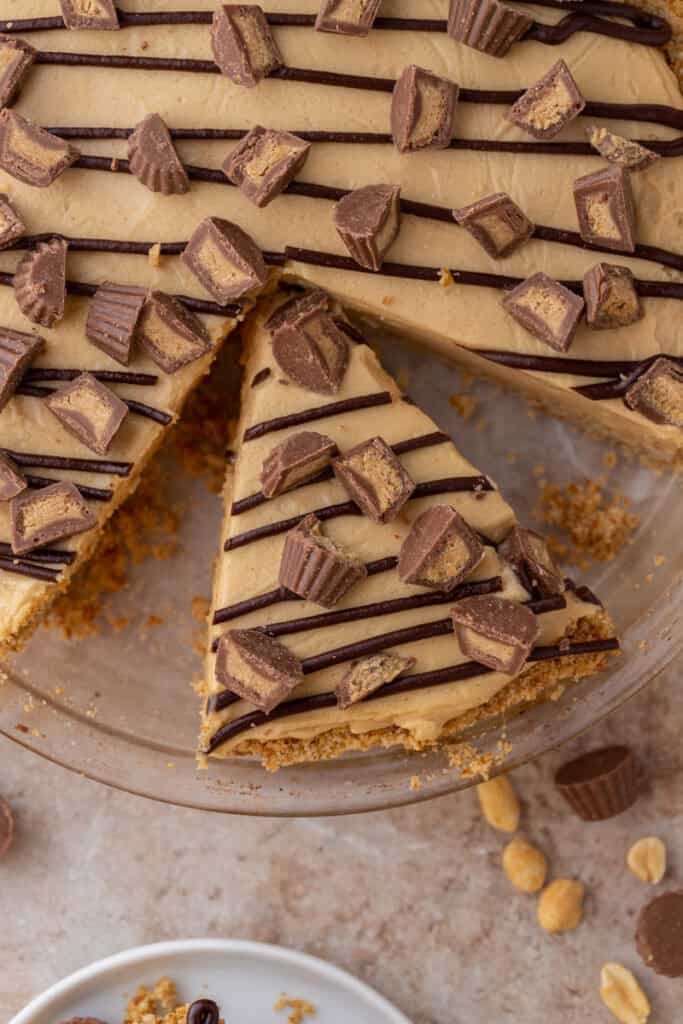 no bake peanut butter pie in a pie plate