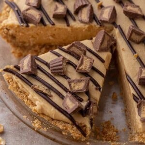 no bake peanut butter pie in a pie plate