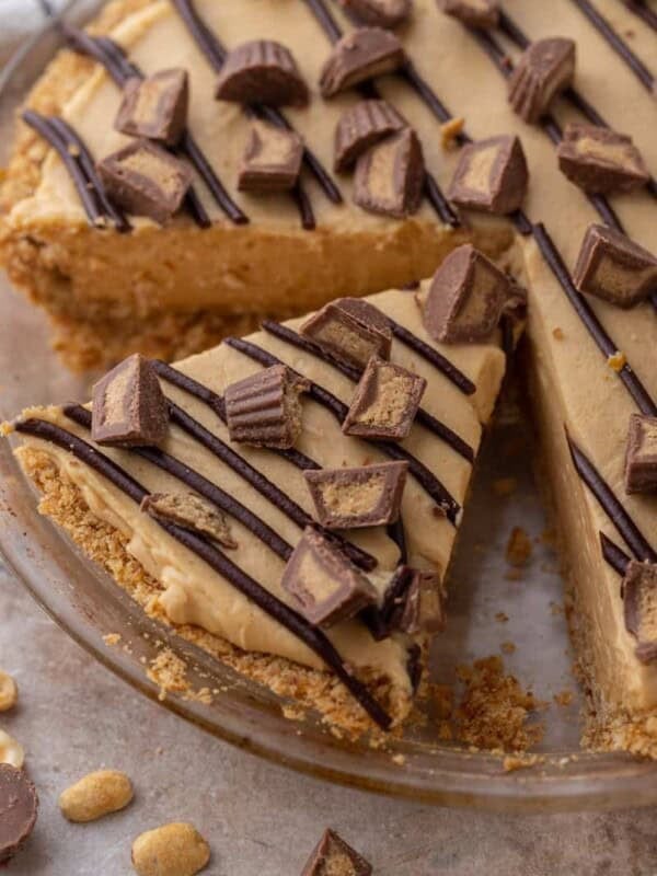 no bake peanut butter pie in a pie plate