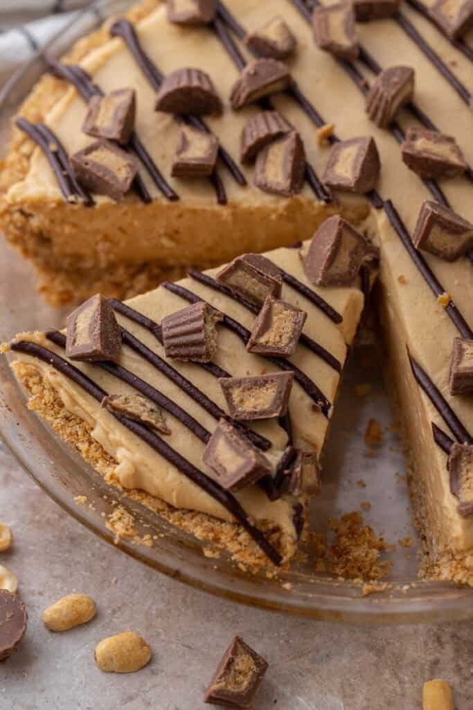 no bake peanut butter pie in a pie plate