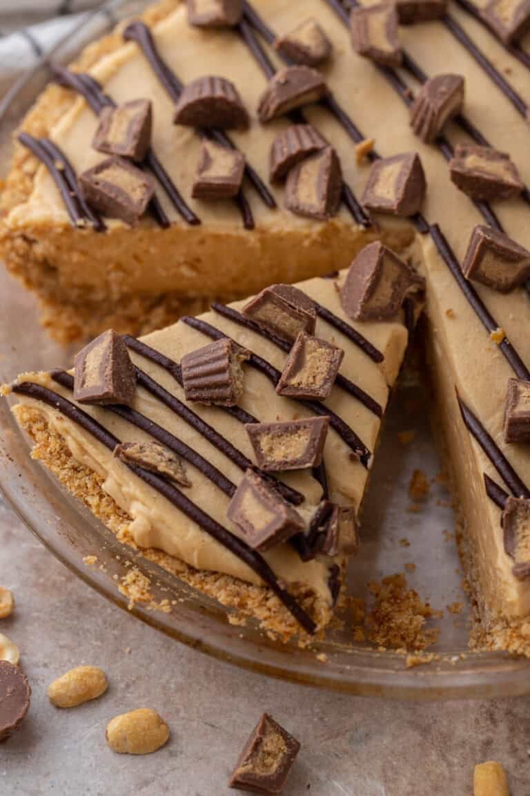 no bake peanut butter pie in a pie plate