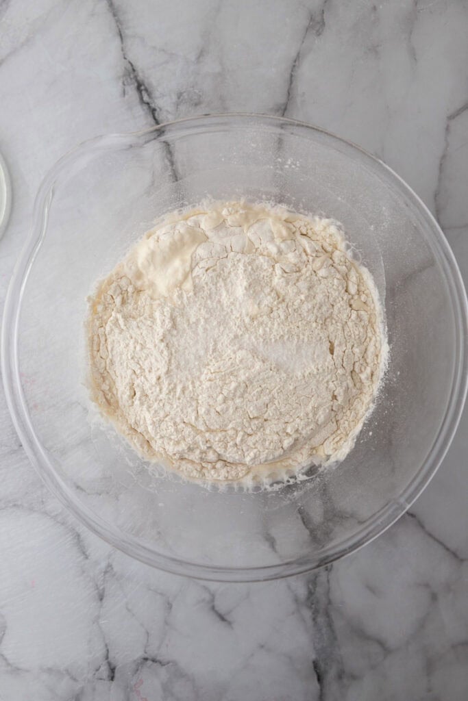 flour, starter and water in a bowl together