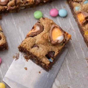 Cadbury Egg Chocolate Chip Easter Cookie Bar on a spatula