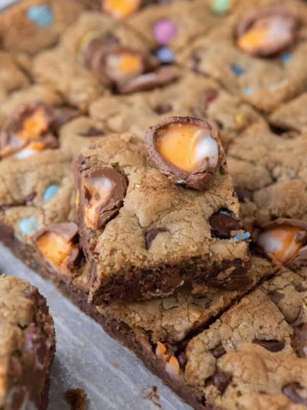 Cadbury Egg Chocolate Chip Easter Cookie Bar close up shot