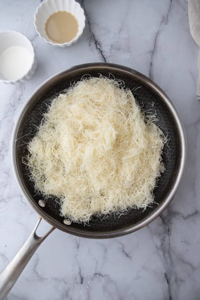 kataifi dough in a pan
