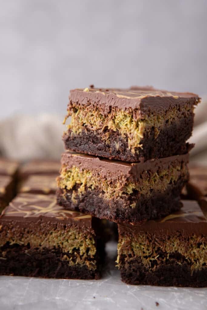 Dubai Chocolate Brownies Recipe stacked on top of each other