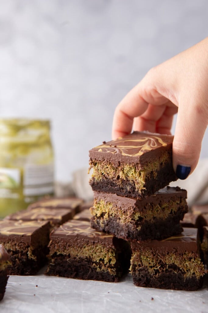 Dubai Chocolate Brownies Recipe stacked on top of each other