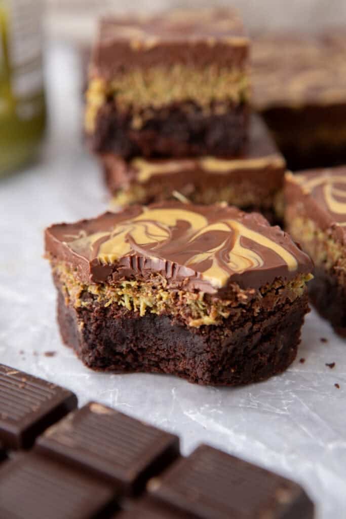 Dubai Chocolate Brownies Recipe with a bite taken out