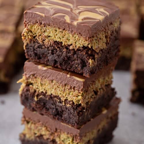 Dubai Chocolate Brownies Recipe stacked on top of each other