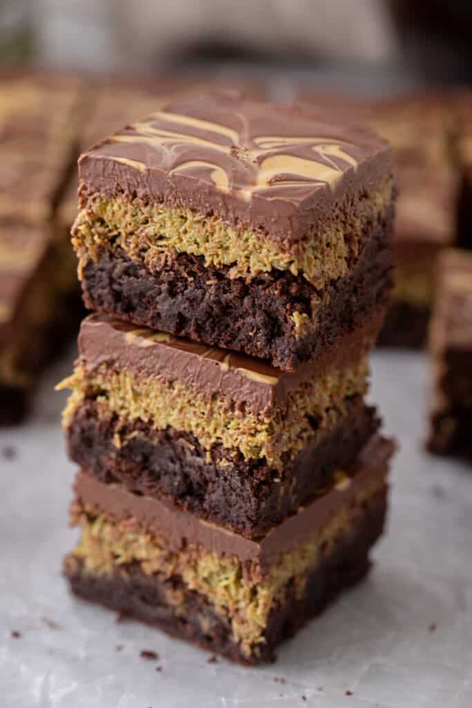 Dubai Chocolate Brownies Recipe stacked on top of each other