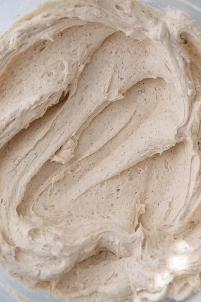 close up view of the Brown Butter Frosting Recipe in a bowl