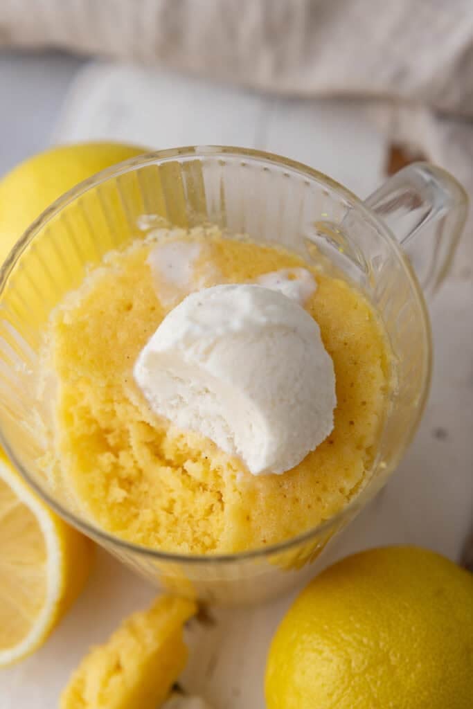 Lemon Mug Cake Recipe overhead shot