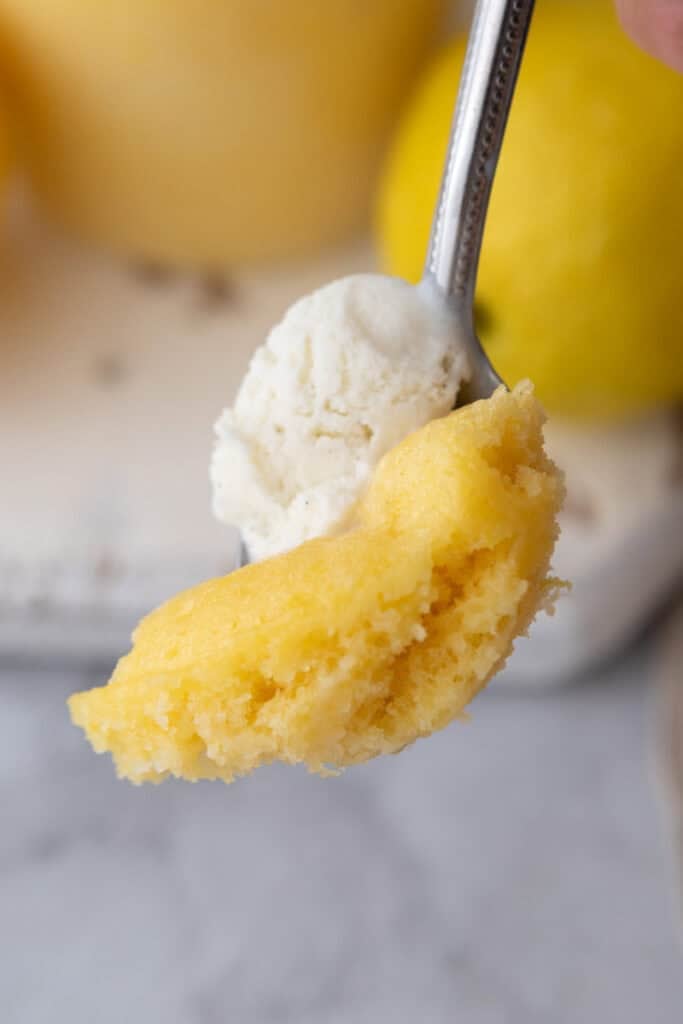 lemon mug cake recipe piece on a spoon