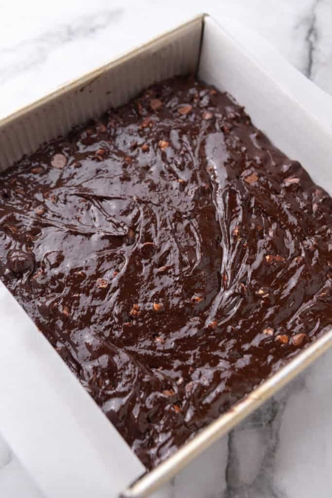 Brownie batter in a pan