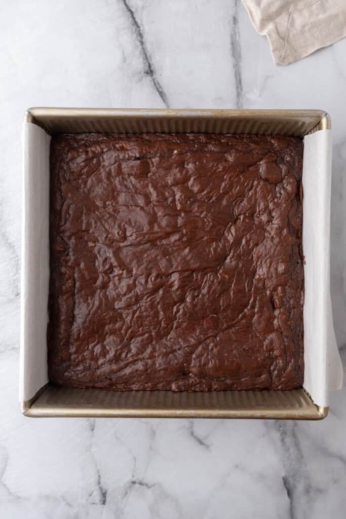 Baked brownie in a pan
