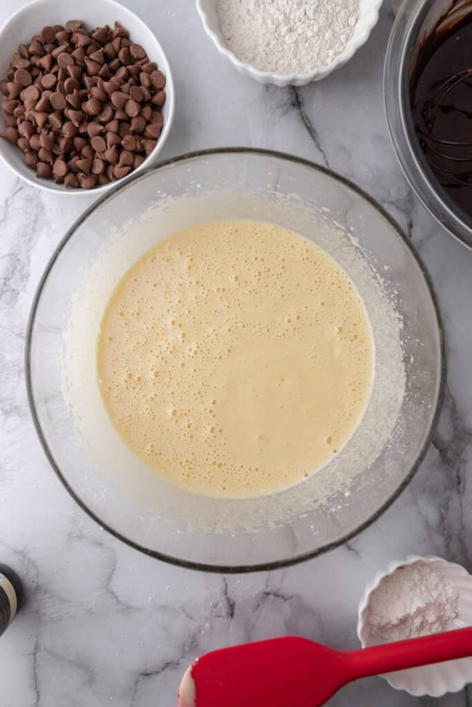 Eggs and sugar in a bowl whipped