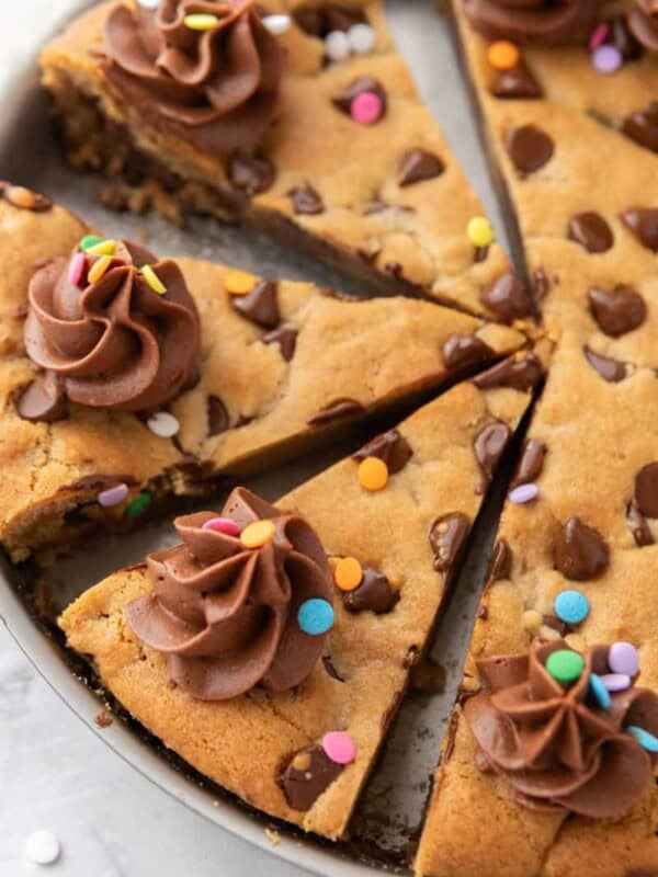 Chocolate Chip Cookie Cake Recipe overhead shot