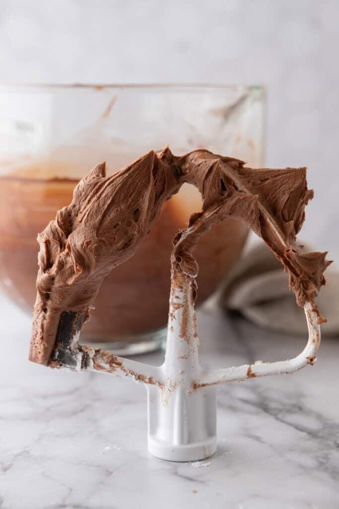 one-bowl chocolate buttercream recipe on a paddle attachment
