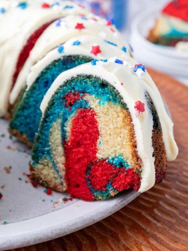Red White and Blue Bundt Cake recipe side shot