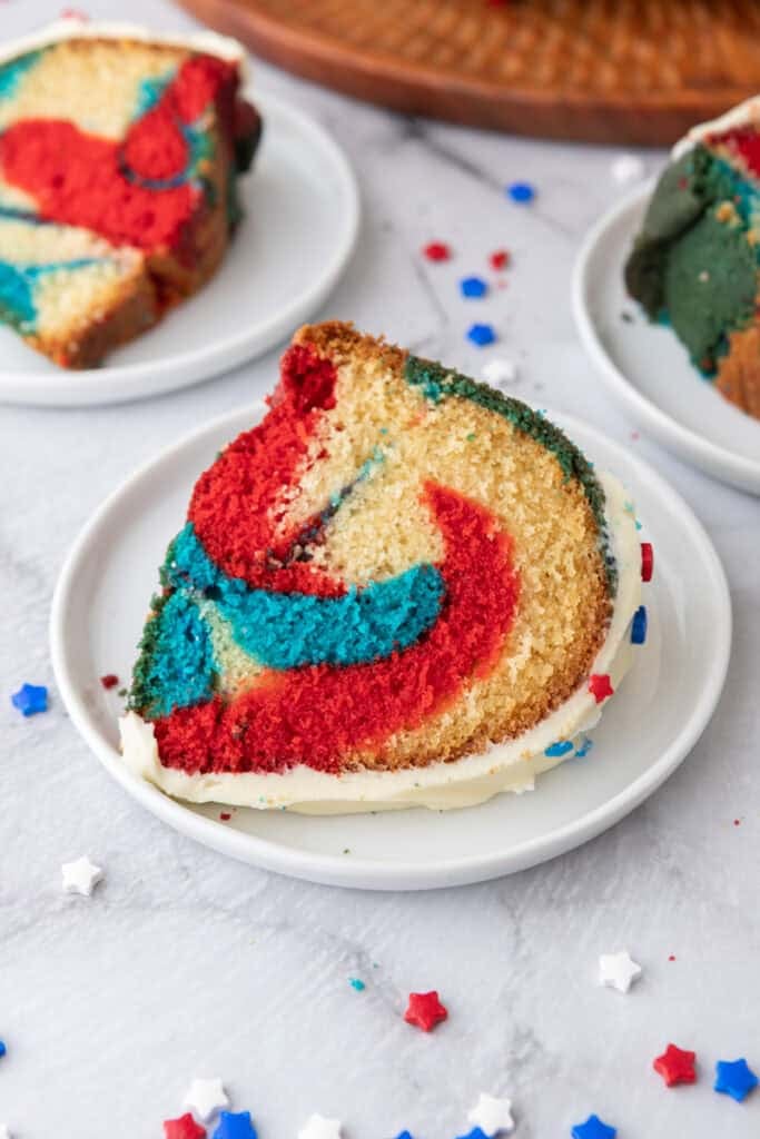 Red White and Blue Bundt Cake slice on a plate