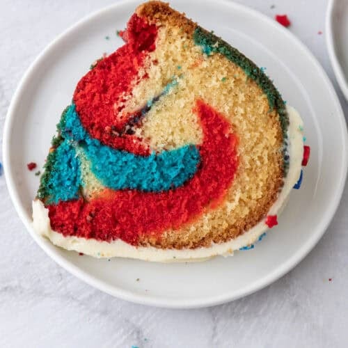 Red White and Blue Bundt Cake slice on a plate