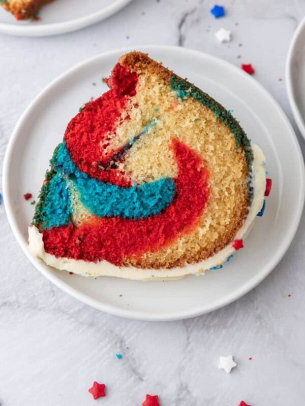 Red White and Blue Bundt Cake slice on a plate