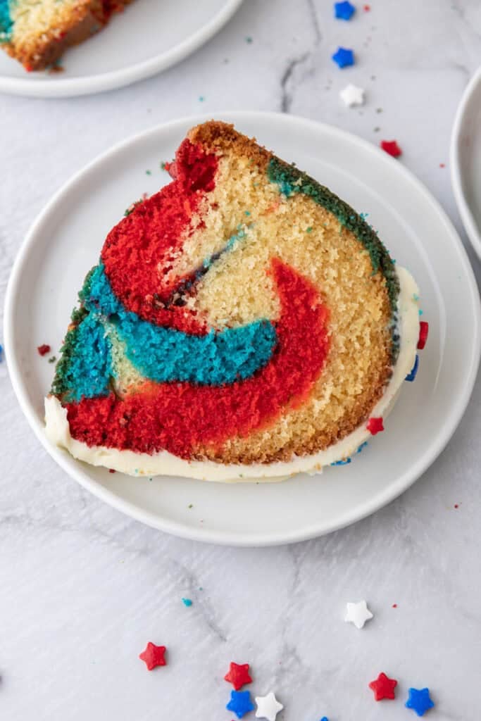 Red White and Blue Bundt Cake slice on a plate