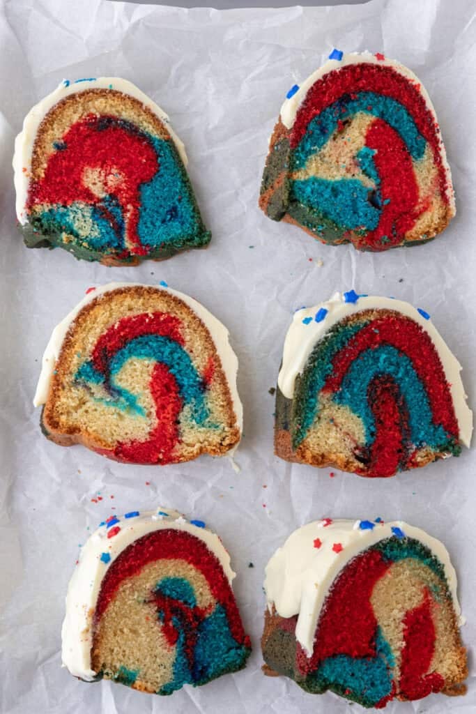 red white and blue bundt cake recipe slices overhead shot