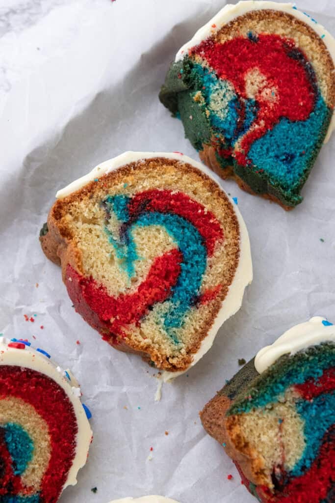 Red White and Blue Bundt Cake slice on a plate
