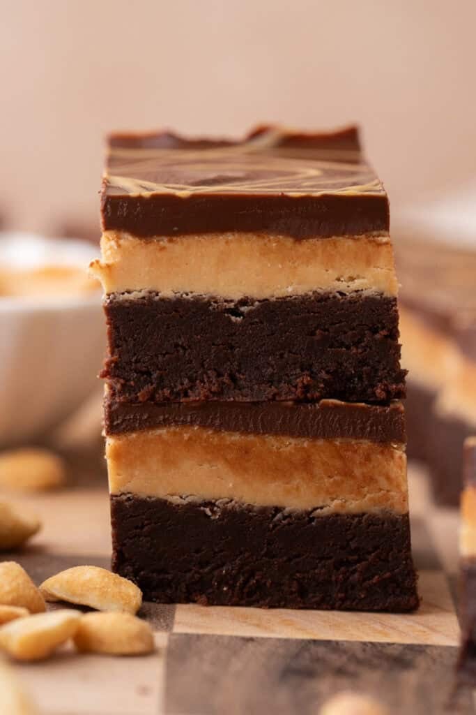 Buckeye Brownies Recipe stacked on top of each other